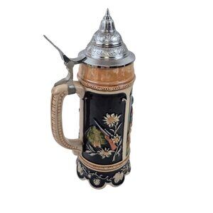 Vintage Beer Stein West Germany Pewter Hinged Lid Werke Factory Tavern Scene